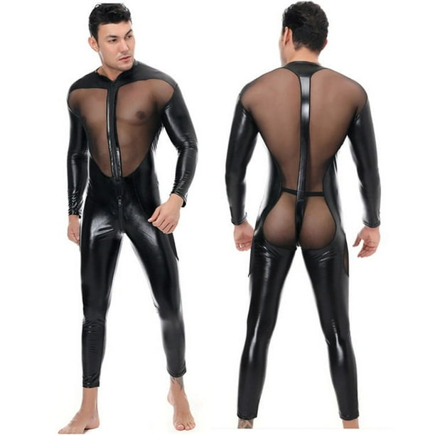Mono de malla con costuras para hombre, uniforme de tentación para juegos de rol, vestido de discoteca sexy ajustado con cremallera