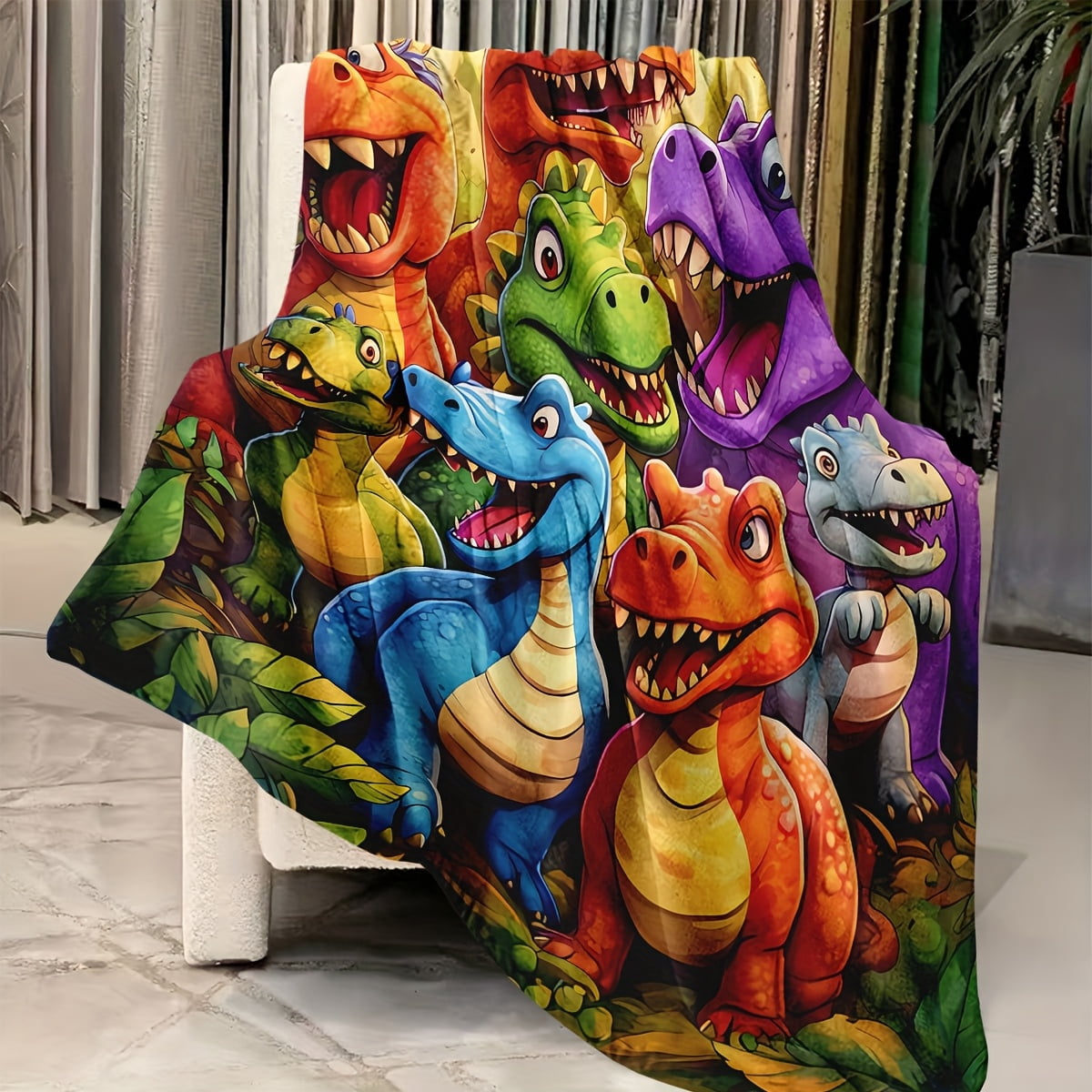 Soft & Cozy Cartoon Dinosaur Print Flannel Blanket - Vibrant, Warm, and Versatile for Office, Camping, Travel - Machine Washable, All-Season Gift, Perfect for Youngsters, Birthday, Party Favors, Surv