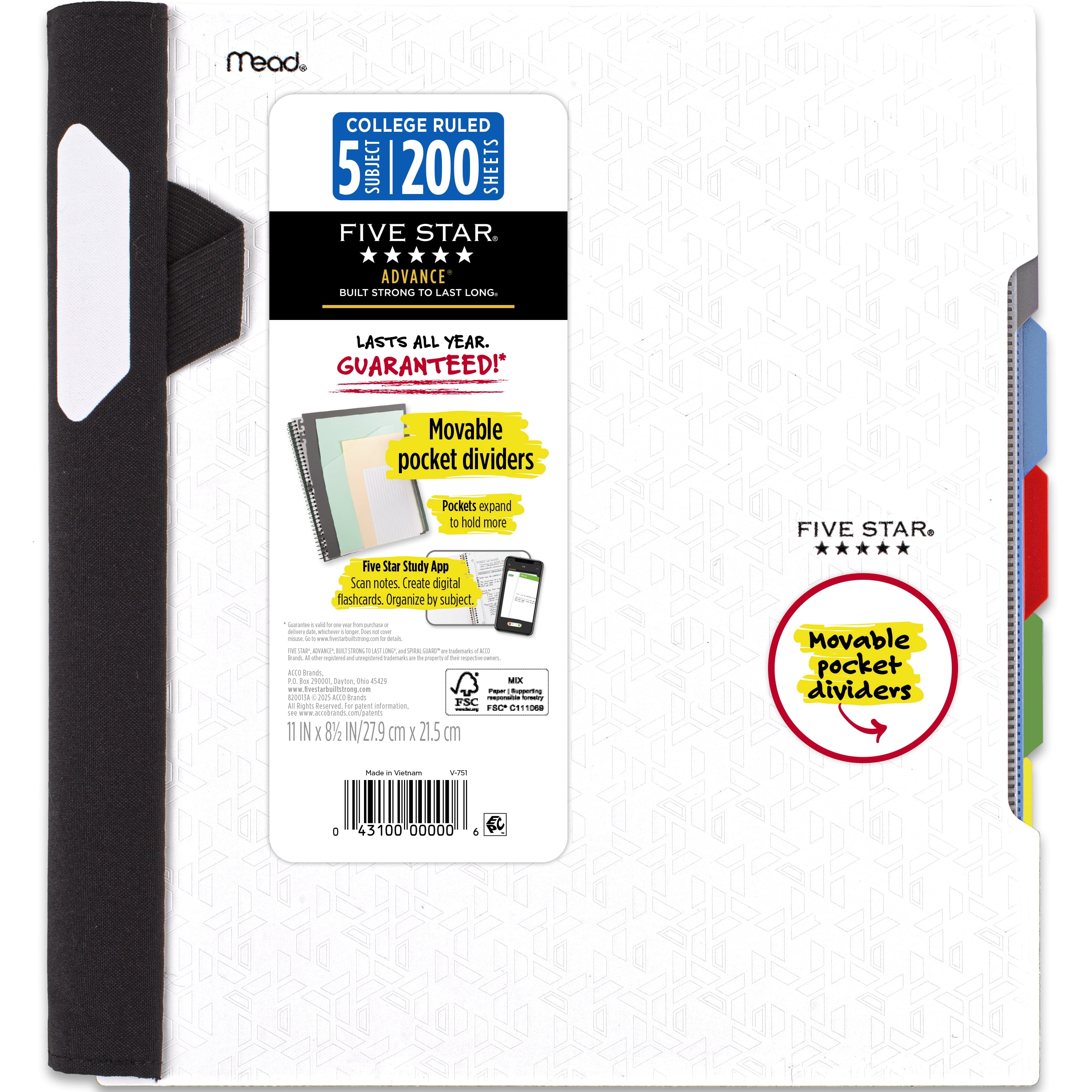 Five Star Advance 5 Subject College Ruled Notebook Plus Study App, 8.5" x 11", White, Poly, Spiral, 200 Sheets