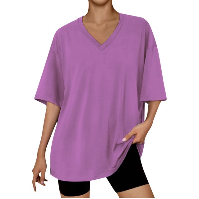 Womens Tops Plus Size Short Sleeve V-neck Solid Color Oversized Loose T-shirt Purple XL
