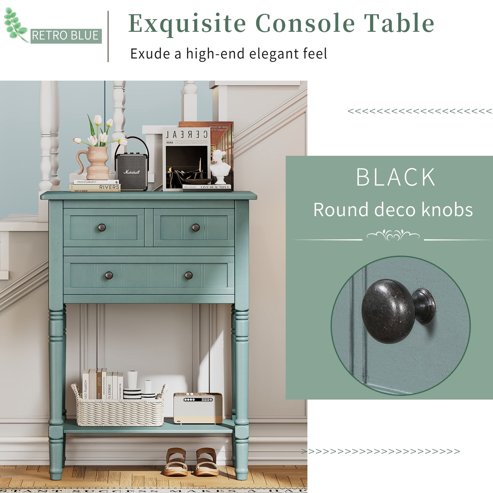 Euroco 23.7" Farmhouse Console Table with 3 Drawers, Narrow Sofa Table, Wood Entryway Table with Bottom Shelf for Living Room, Foyer,Light Blue