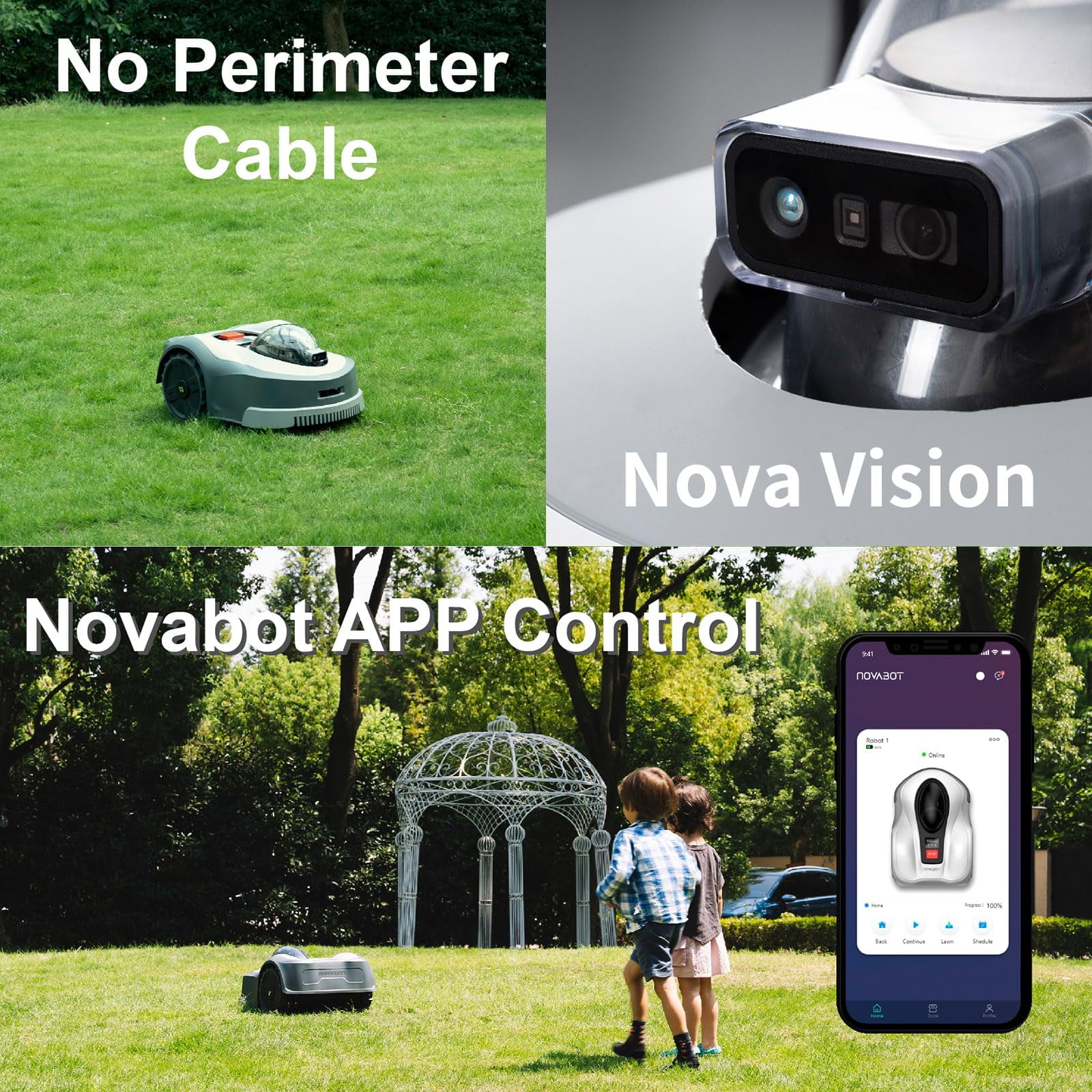NOVABOT N1000 Robot Lawn Mower Perimeter Wire Free RTK+TOF+Vision Robotic Lawn Mower for 0.75 Acres Cut Height 0.8"-3.5" Adjustable APP Control AI-Assisted Mapping Multi-Zone Manage