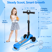 Electric Scooter for Kids Ages 3-8, 3-Wheel Foldable Light-Up Scooter with Full Body LED, Wide Deck, Thumb Accelerator, 3 Adjustable Heights, 5MPH Safe Speed, Electric Scooter for Boys & Girls,Blue