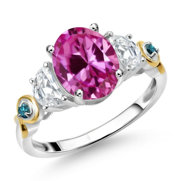 Gem Stone King 925 Silver and 10K Yellow Gold 3-Stone Ring Oval Pink Created Sapphire and Moissanite (1.51 Cttw, Size 8)