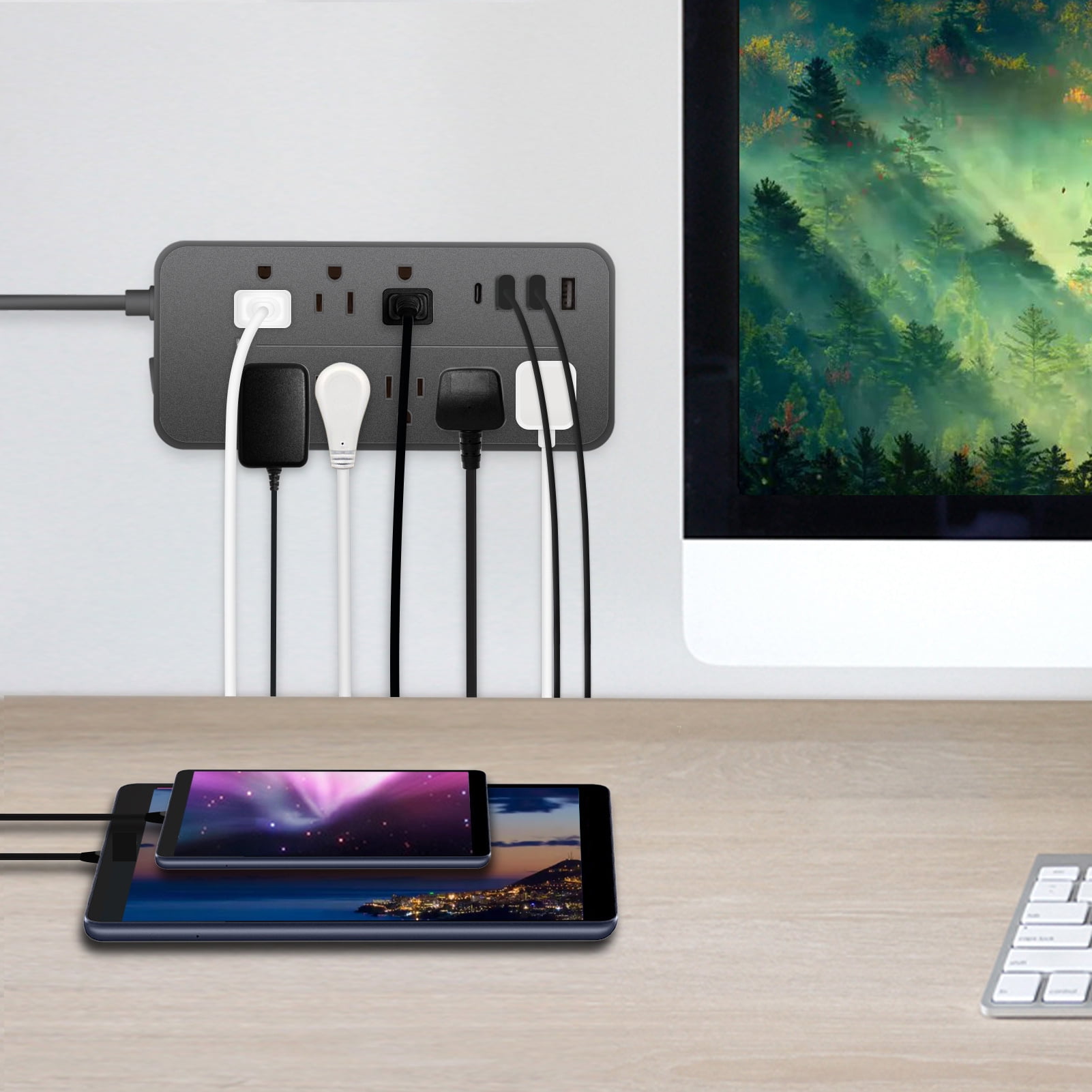 12-in-1  Protector Power Strip Extension Cord Flat Plug Power Strip With Long Cord 8 Outlets And 3 USB &amp; 1  Port 1700J Wall Mount Desk Power Strip For Home Office