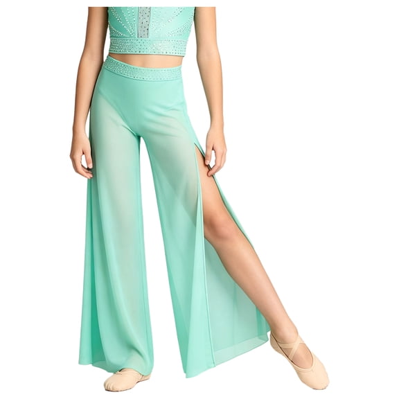 SiiRoh Kids Girls Modern Lyrical Dance Pants Ballet Skating Gymnastics Leotard Shiny Rhinestone Waist Side Split Mesh Wide-leg Trousers Light Green 8
