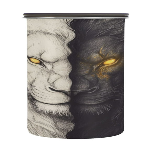 Wobogo Black and White Lion Food Storage Jars 304 Food Grade Stainless Steel Canisters With Vacuum Airtight Lids for Coffee Snacks Nuts Cereal 900ML