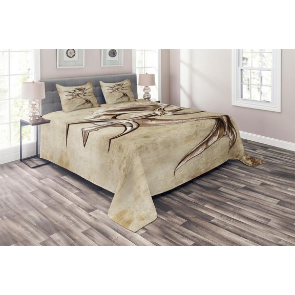 Ambesonne Mermaid Quilted Coverlet 3 Pcs, Vintage Mythical Art, King Size, Beige Brown