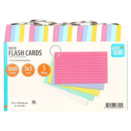 Pen+Gear Ruled Flash Cards, 3" x 5", Ringed, Assorted Pastel, 1000 Count