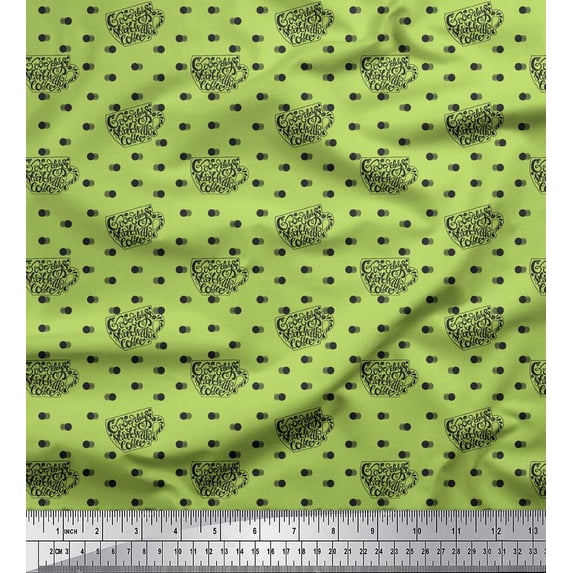 Soimoi Green Japan Crepe Satin Fabric Dot & Good Day Start With Coffee Text Fabric Prints By Yard 42 Inch Wide