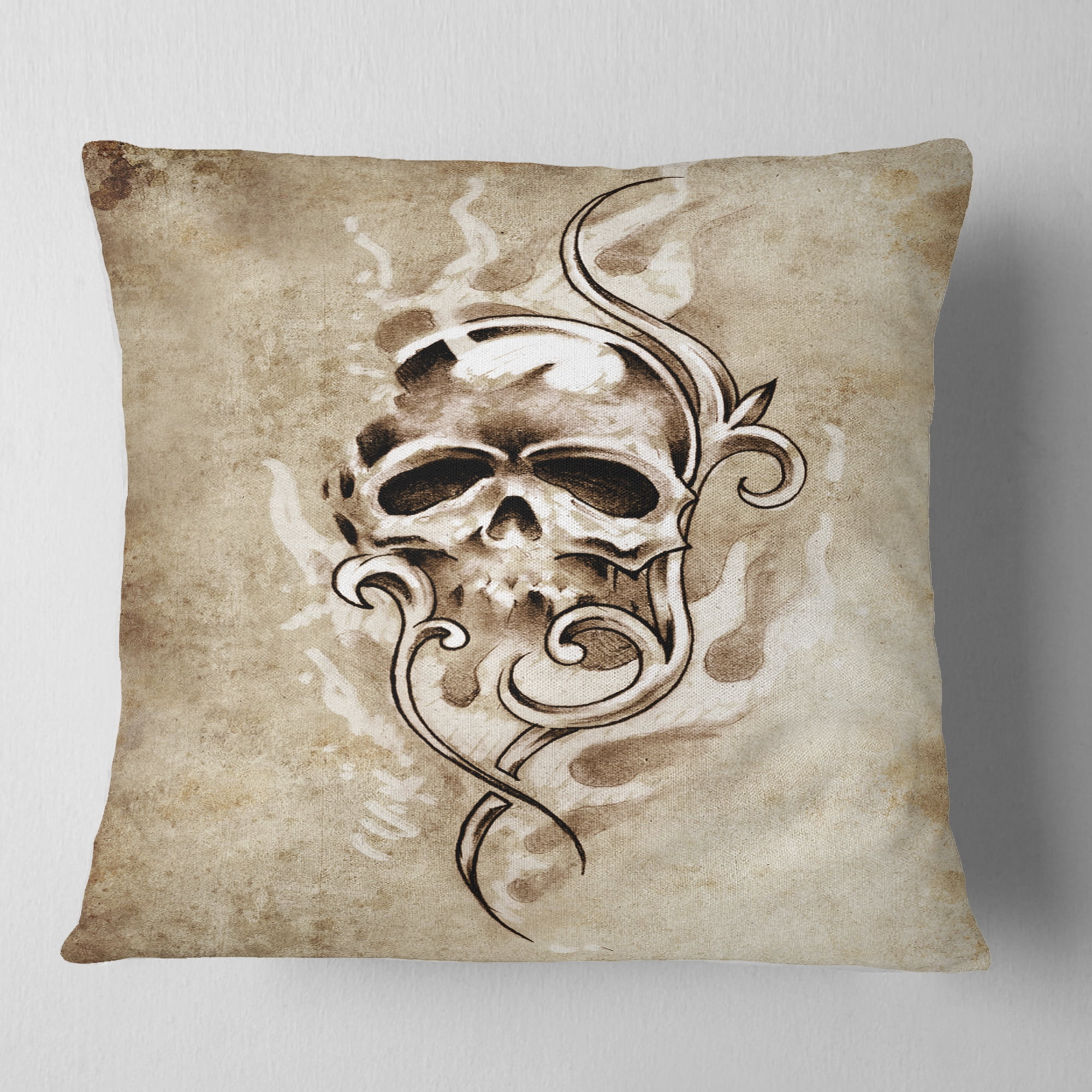 Designart Vintage Style Skull Devil Tattoo - Abstract Throw Pillow - 18x18