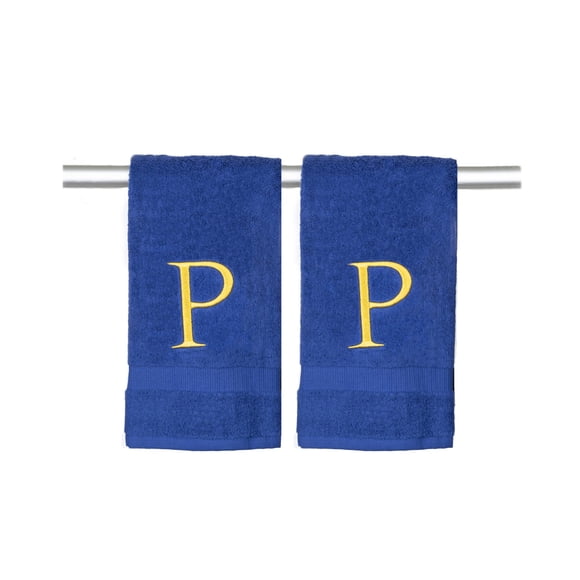 Decorvo Navy Monogrammed Hand Towel for Bathroom - Initial Hotel Quality Decorative Embroidered Luxury Towel for Powder Room, Spa - GOTS Organic Certified - Set of 2 Gold Letter P