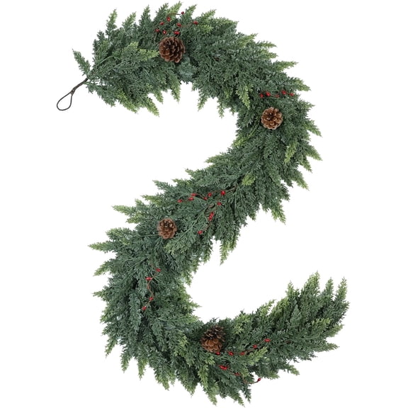 Guvpev Realistic Christmas Garland for Mantel, 6FT Real Touch Thick/Lush Artificial Cedar Garland with Pine Cones & Berry Christmas Decorations, Indoor Outdoor Seasonal Greenery Garland for Holiday
