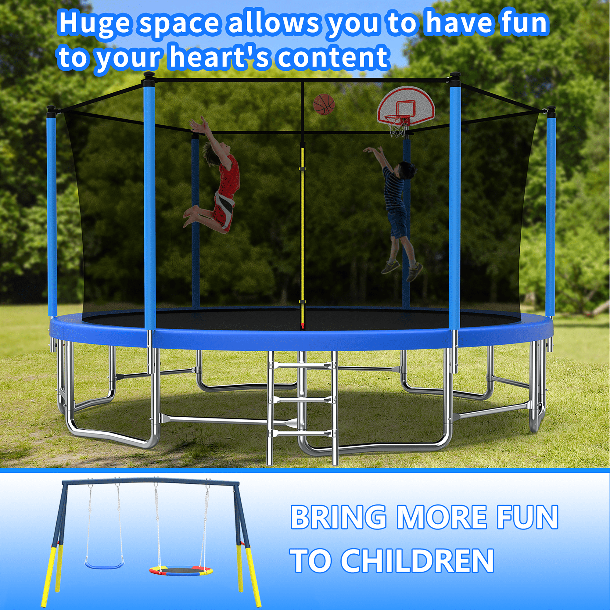 Mersco 15FT Heavy Duty Trampoline with Enclosure Net ,Swing Set Outdoor Big Trampoline for Backyard,Kids Trampoline with Basketball Hoop,Birthday and Holiday Gifts for Kids Jumping Trampoline,Blue