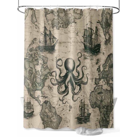 Fsddascl Medieval Octopus Shower Curtain Set - 72" x 78" Washable Bathtub Curtain with 12 Hooks, Vintage Nautical Boat Retro Map Waterproof Fabric Stall Shower Curtains for Bathroom/Bathtub Décor