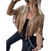 Lazybaby Women's Long Sleeve Fringed Jacket Tassel Cropped Motor Biker Jacket Casual Outwear