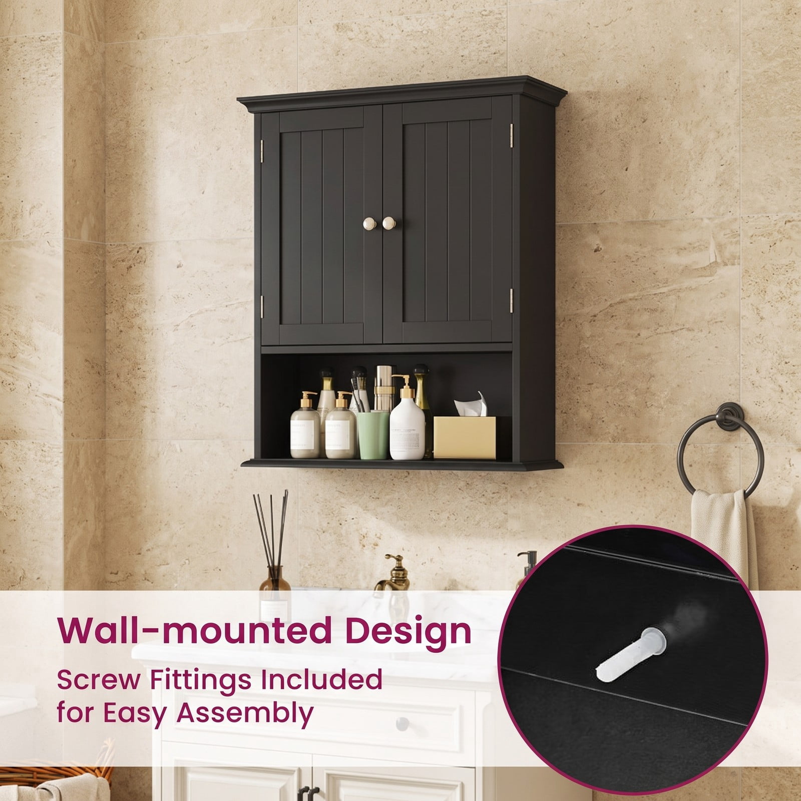 ALPULON Wall Mount Bathroom Cabinet, Wall-Mounted Storage Organizer with 2 Doors and Adjustable Shelves, Space-Saving Cabinet for Bathroom Kitchen Bedroom, Black