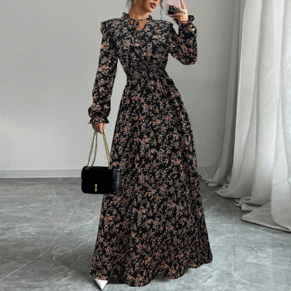Taylonsss Womens Floral Print Long Sleeve Dress Round Neck A-Line Flowy Maxi Casual Boho Style
