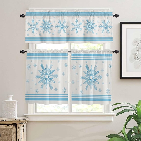 Christmas Kitchen Window Curtain Set with Tiers and Valance, 3 Pieces Rod Pocket Valances Blue Snowflake Seasonal Winter Holiday Window Treatment Semi Sheer Kitchen Bedroom Decor (52"W x 18"L)