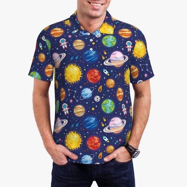 Fotbe Space Planet Camiseta Polo de Golf para Hombre con Estampado – Camisa Deportiva Transpirable con Cuello Abotonado-Medium