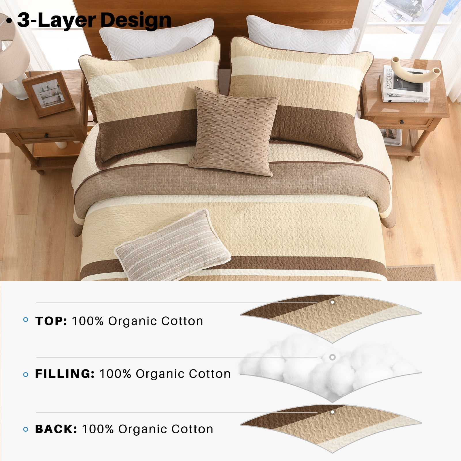 Bedduvit Striped Queen Size Quilts - 100% Organic Cotton Quilt Queen, Brown Black Beige Farmhouse Lightweight Bedspread Set for Queen Bed, Modern Neutral All-Season 3-Piece Comforter Set, 98"x90"