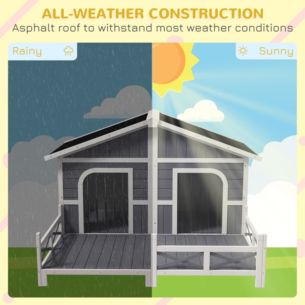 Kadyn Cabin Style Raised Dog Shelter with Roof, Doors, and Window, Wooden Dog House Outdoor with Porch, for Medium Large Sized Dog, Gray Kadyn Cabin Style Raised Dog Shelter with Roof, Doors, and Window, Wooden Dog House Outdoor with Porch, for Medium Large Sized Dog, Gray