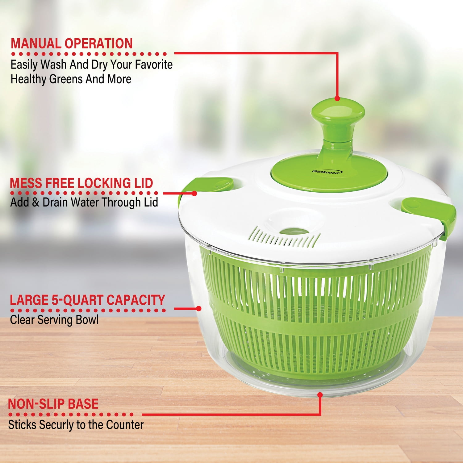 Brentwood Salad Spinner with 5-Qt. Serving Bowl, White