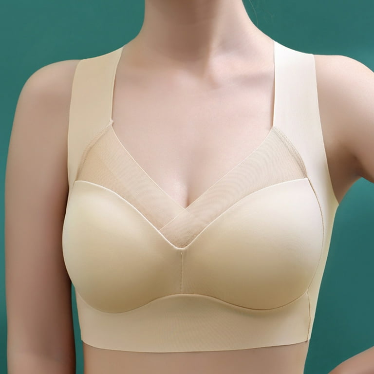 harmtty Breathable Wireless Brassiere Solid Soft Anti-deformation Bouncy  V-neck Anti-slip Smoothing Full-coverage Underwear for Yoga,Skin Color,2XL  