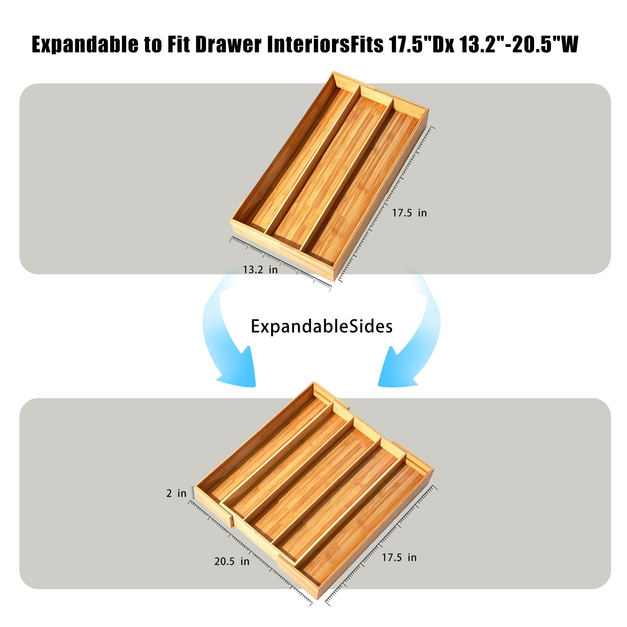 Bamboo Expandable Kitchen Drawer Organizer, Adjustable Utensil Holder and Cutlery Tray Organiser, Drawer Divider for Silverware, Flatware, Knives in Kitchen, Bedroom, Living Room, 5 Slot