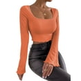 thumbnail image 4 of BEAFNKSG Women Flare Long Sleeve Crop Tops Low Cut Slim Ribbed Cropped Tee Basic Blouse Streetwear, 4 of 6