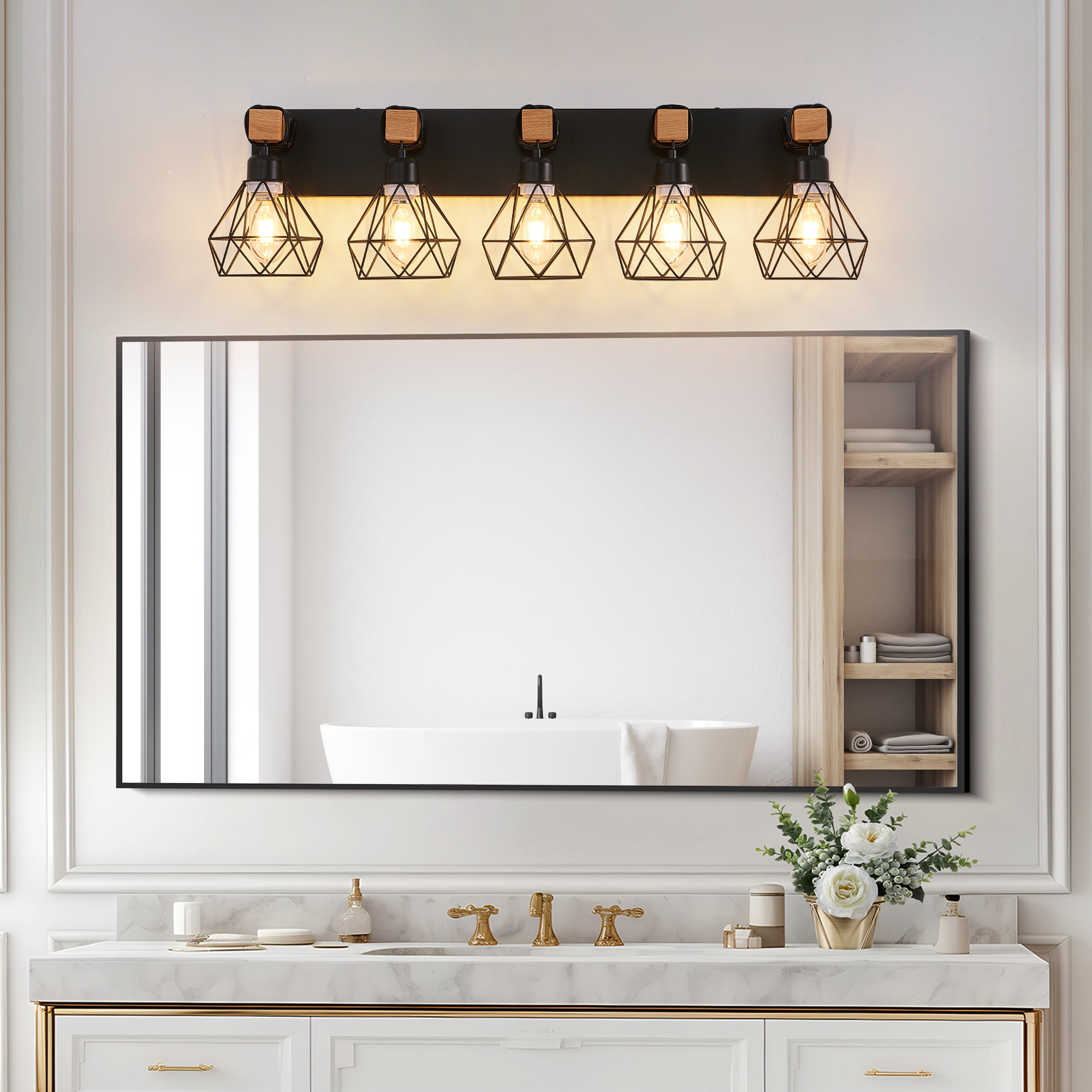 5-Light Farmhouse Bathroom Light Fixtures with Black Metal Cage Lampshade Rustic Wood Vanity Light Black and Wood Finish