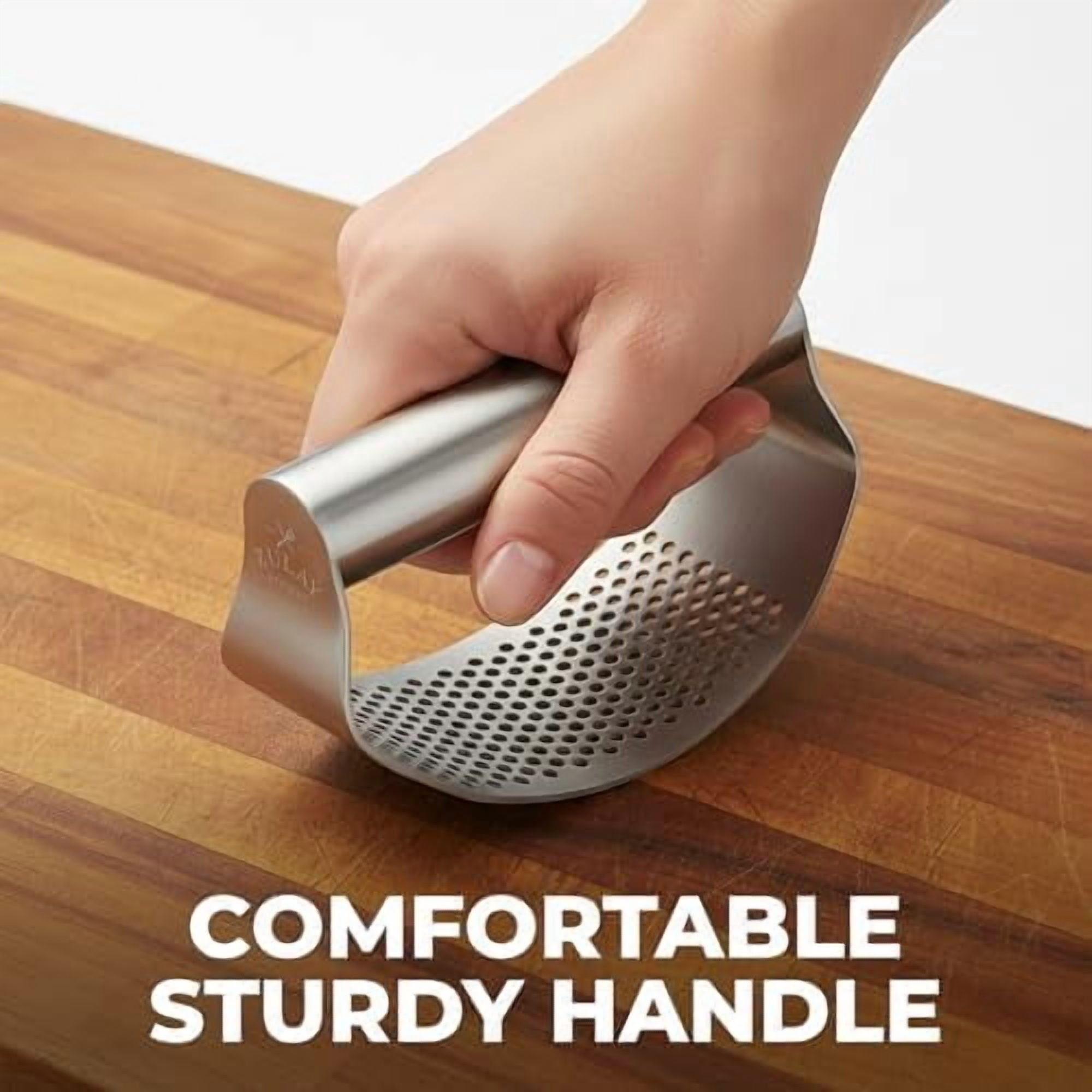 Stainless Steel Garlic Press Rocker Set - Time Saving, Durable Strong Garlic Mincer Tool - Easy to Use & Clean Garlic Crusher Set with Peeler and Scraper Kitchen Gadget Smasher