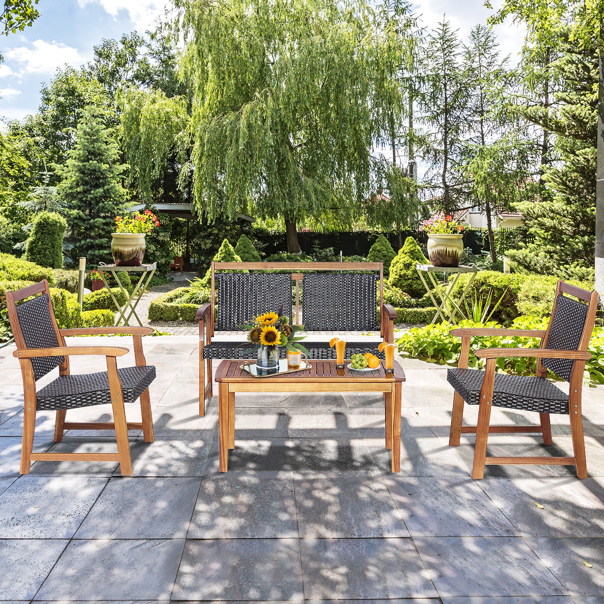 Costway 4 PCS Patio Rattan Furniture Set Acacia Wood Frame Sofa Loveseat Garden