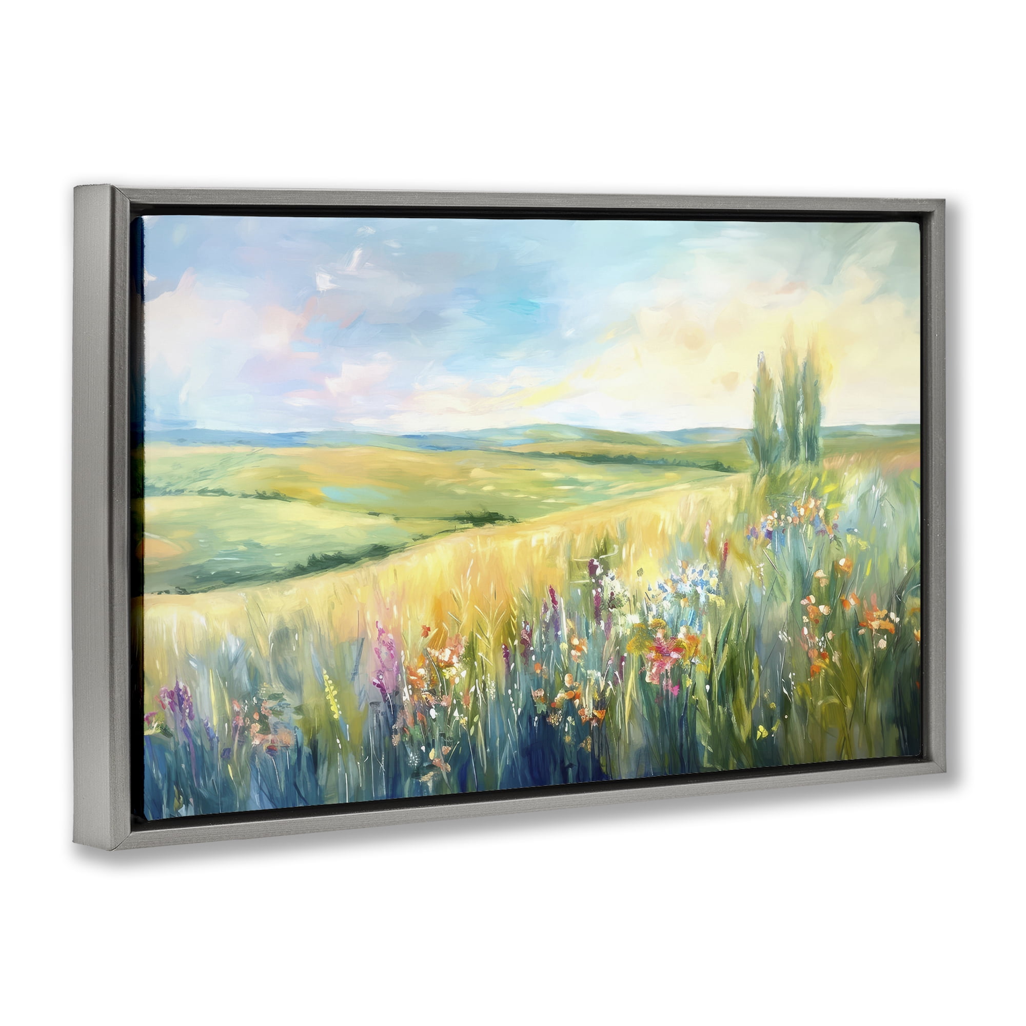 Stupell Industries Lush Prairie Paradise Landscape & Nature Painting Gray Floater Framed Canvas Art Print Wall Art, 25 x 17
