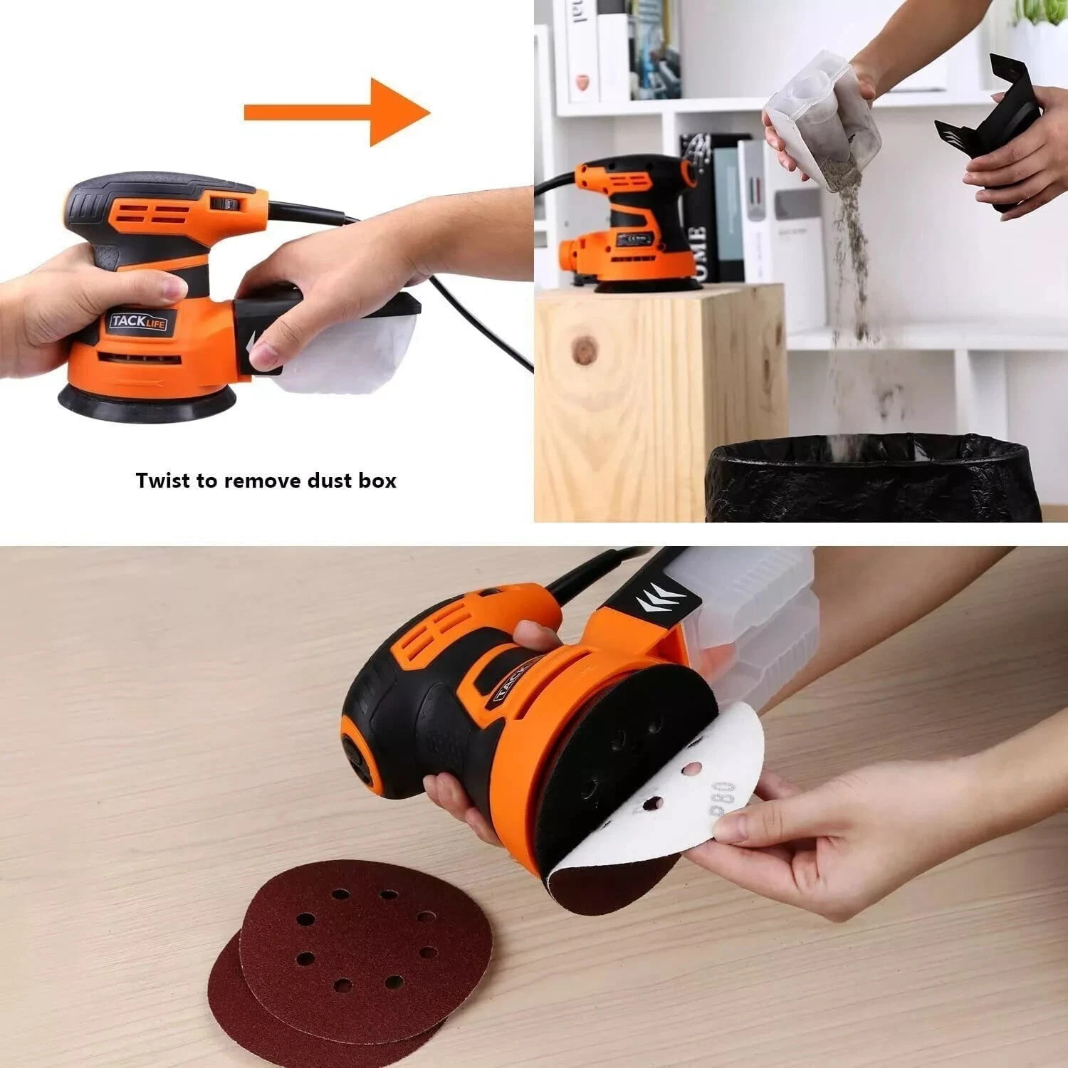 New TACKLIFE 5-Inch Random Orbital Sander 3.0A w/ 12Pcs Sandpapers, 6 Variable Speed
