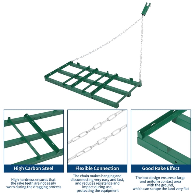 EDTara Tow Behind Drag Harrow, 4ft Landscape Rake With Adjustable Bars and 72 Inch Chain, Heavy Duty Driveway Grader for Use With Atv, Utv, Garden Tractor or Mower, Perfect for Soil and Gravel