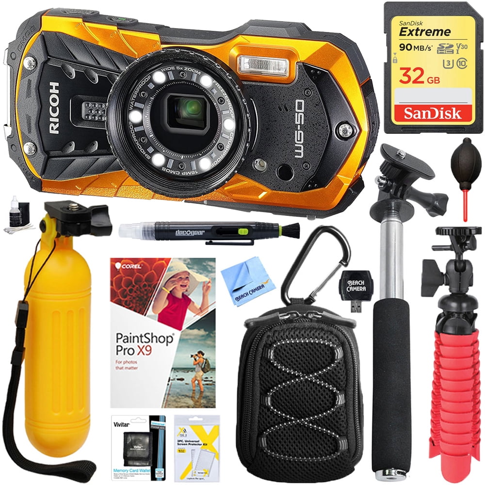 Ricoh Wg 50 16mp Waterproof Digital Video Still Camera With 2 7 Inch Lcd Orange 45 Selfie Stick 32gb Deluxe Bundle Walmart Com Walmart Com