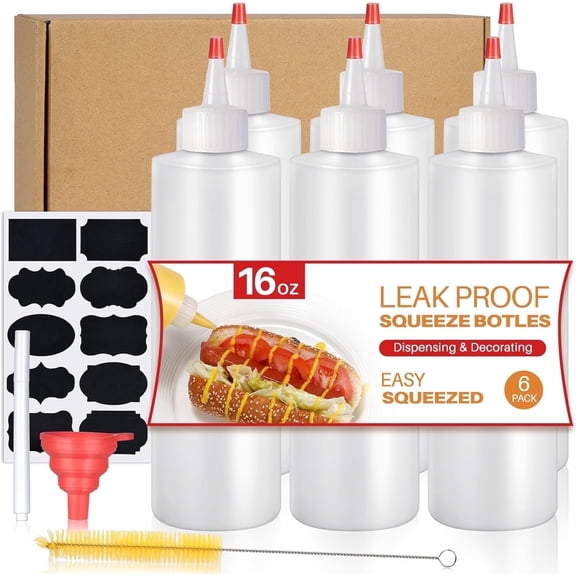Sopito Squeeze Bottles, 16oz Plastic Condiment Squeeze Bottles with Labels & Funnels & Brusher for Liquids Sauces Ketchup Oil, 6 Packs