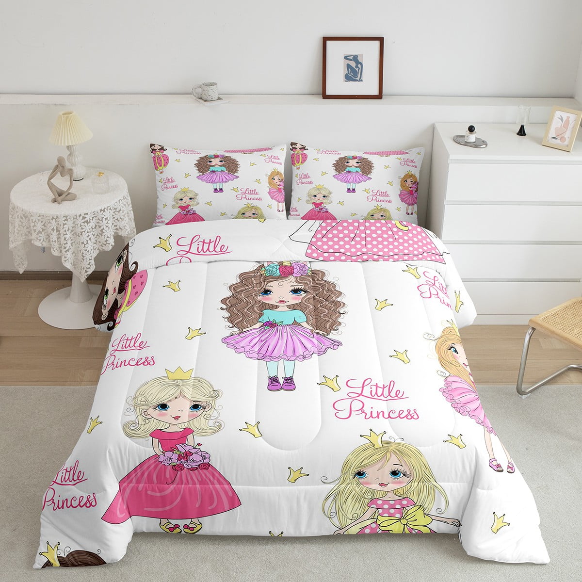 YST Kids Comforter Set Full for Girls Kawaii Princess Bedding Comforters Sets 3 Piece Cute Cartoon Girl Duvet White Pink Super Cozy Microfiber