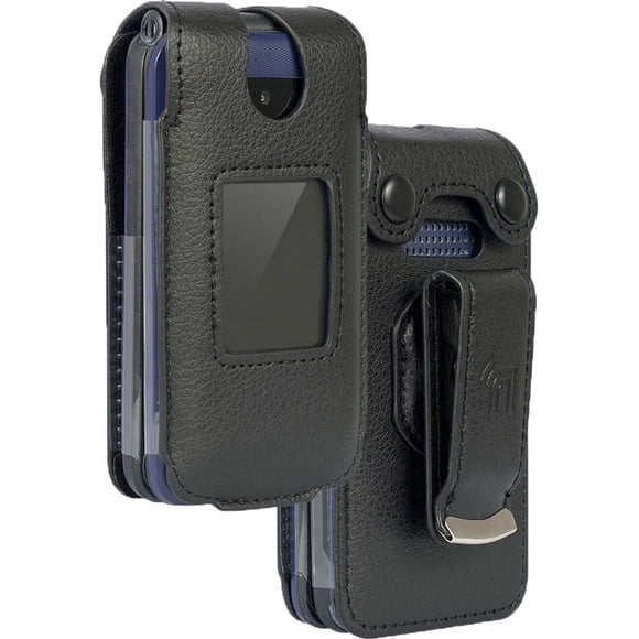 Case for AT&T Cingular Flex 2 / Cricket Debut Flex / Tracfone BLU Flex Flip Phone, Nakedcellphone [Black Vegan Leather] Form-Fit Cover with [Built-In Screen Protection] and [Metal Belt Clip]