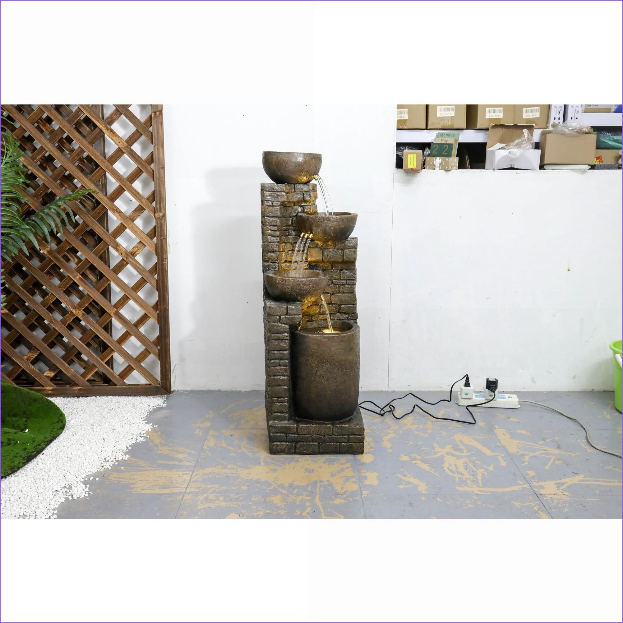 Fountains 38.2" H Outdoor Stacking Fountain for Garden Patio, with LED Lights & Built-in Pump | Resin | Walnut Brown