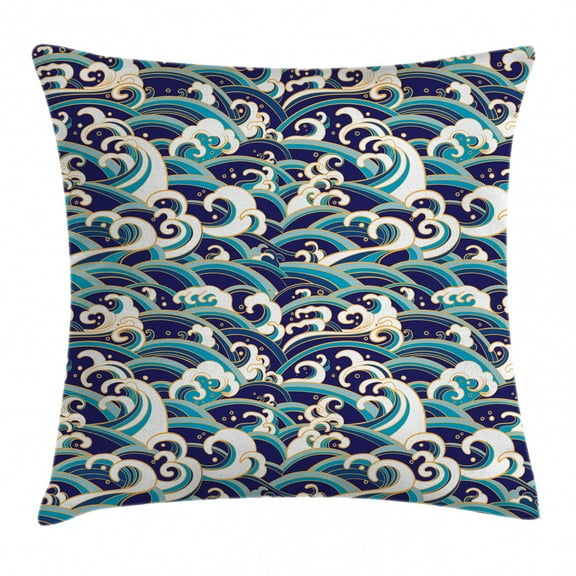 Nautical Throw Pillow Cushion Cover, Traditional Oriental Style Ocean Waves Pattern with Foam and Splashes Print, Decorative Square Accent Pillow Case, 36" X 36", Blue Gold, by Ambesonne