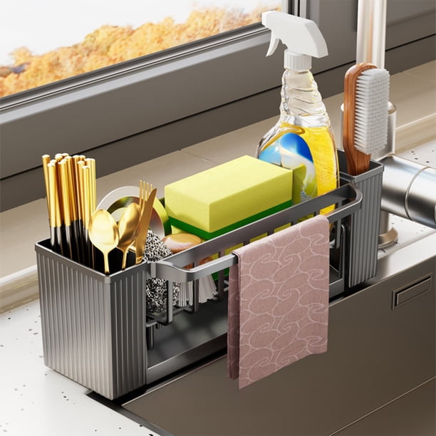 Organizador multifuncional para fregadero de cocina | Soporte para esponjas y trapos de cocina con orificios de drenaje | Estante de plástico para esponjas, cepillos y jabón | Blanco, negro o gris