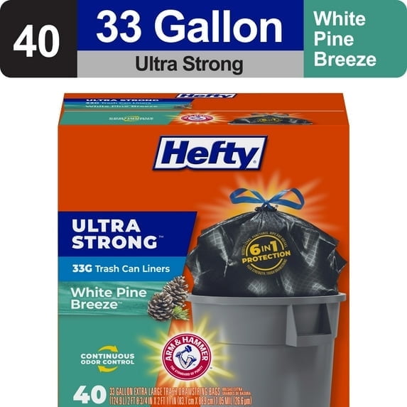 Hefty Ultra Strong 33 gallon Trash Bags, Black Large Trash Bags, White Pine Breeze Scent, 40 Bags