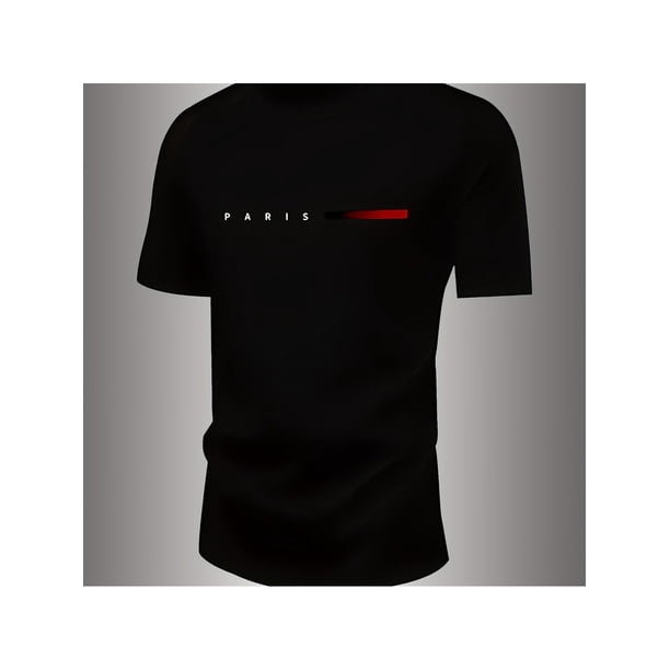 Men's Summer Casual T-Shirt - Black with White & Red Stripe Print, Loose Fit Sporty , Breathable Short Sleeve Round Neck Tee for Casual Attire, Summer T Shirts, Comfortable Fit Shirt