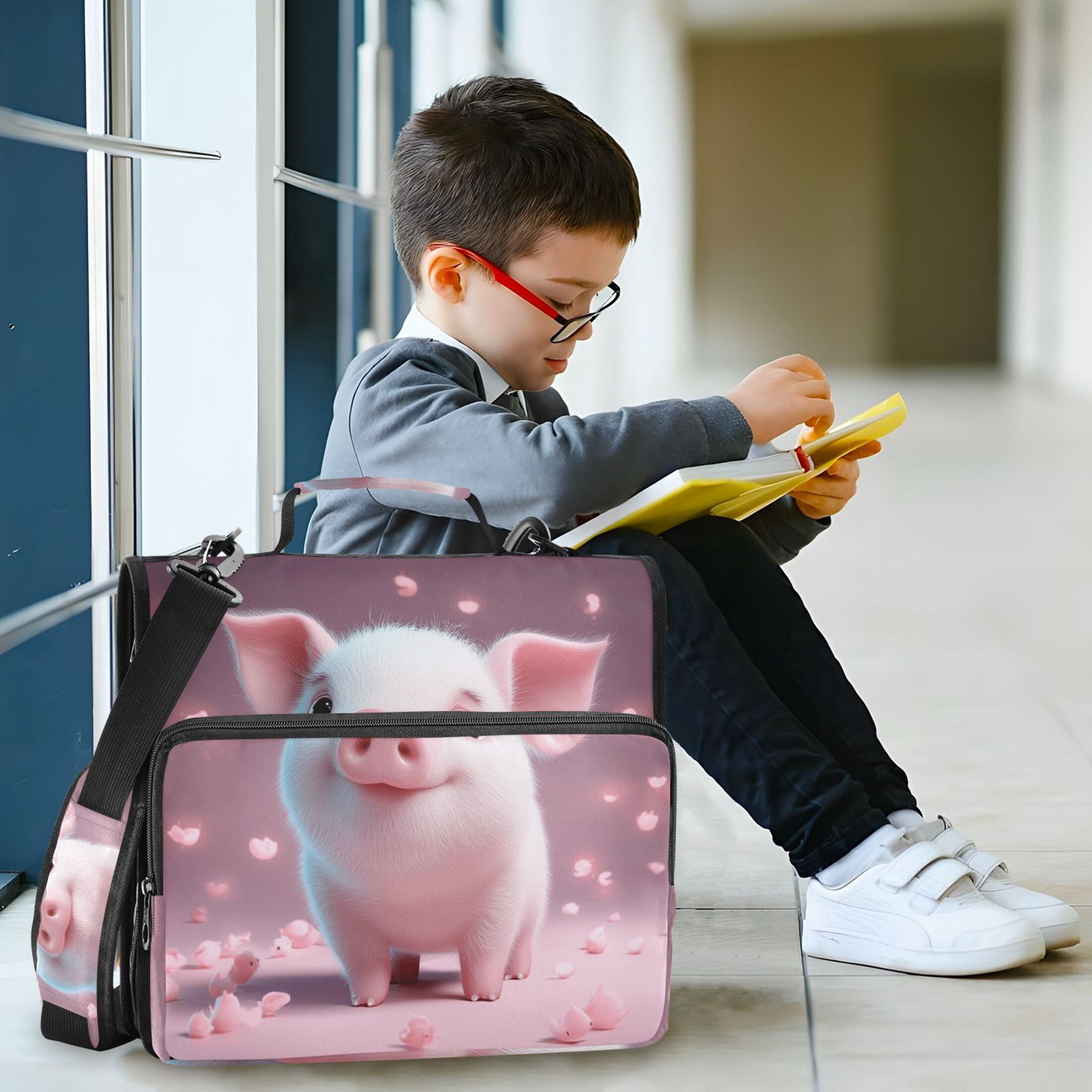 3 Ring Zipper Binder with Shoulder Strap Waterproof Trapper Keeper 2 Inch D-Ring 500 Sheets Capacity Cute Pig and Petals