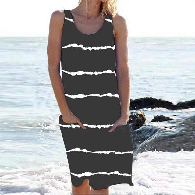 Nouvelle Robe Rayée pour Femmes Col Rond Sans Manches Robe Moulante Imprimée Robe Décontractée Style Tribal Élégant Robe Imprimée avec Poche
