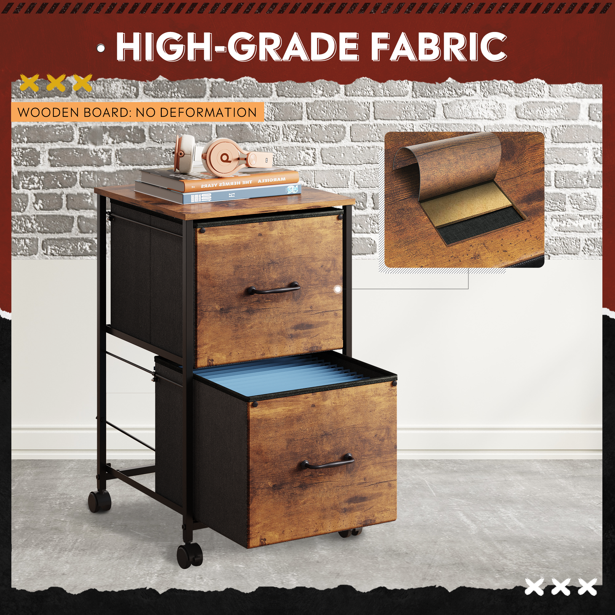 GALAXHERO 2 Drawer File Cabinet, Rolling Printer Stand Small Filing Cabinets for Home Office, Fabric Vertical File Cabinet Fits A4 or Letter Size, Rustic Brown Wood Grain