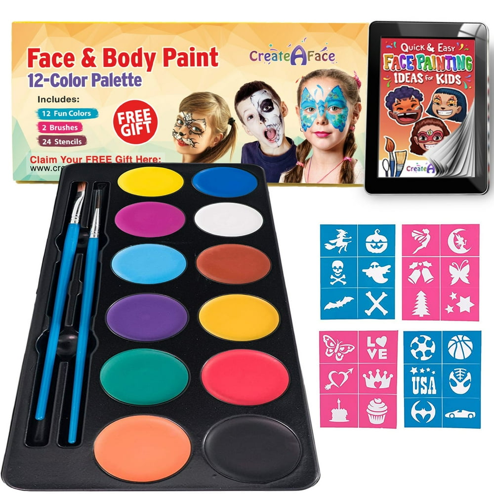 Face Paint Kit for Kids Vibrant Face Painting Colors, Stencils & 2