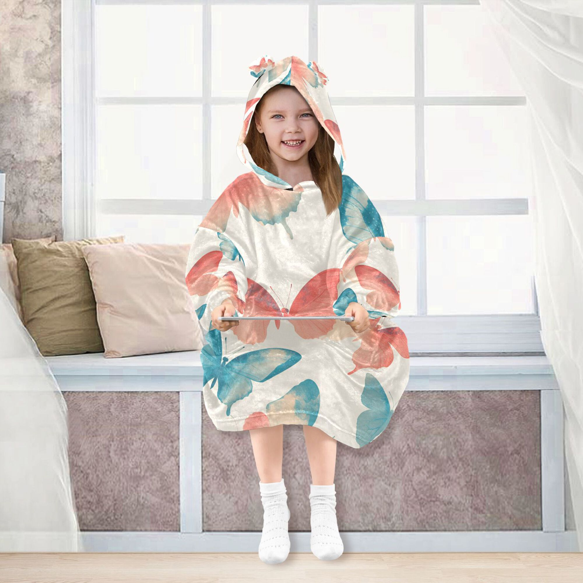 FORMRS Wearable Blanket Hoodie with Sleeves for Kids Cozy Flannel Sweatshirt, Watercolor Butterflies